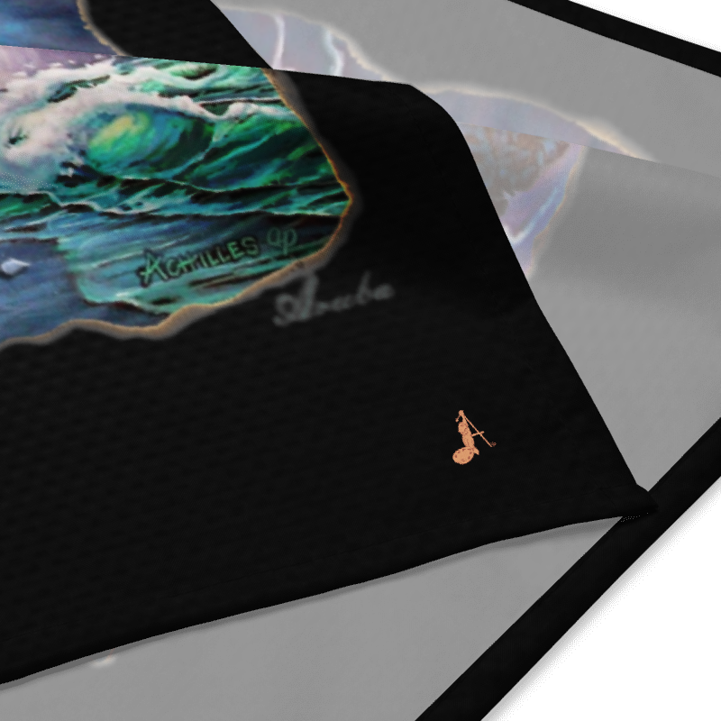 Close-up of the black Aruba - It Lives! bandana, highlighting the artwork and signature mark.