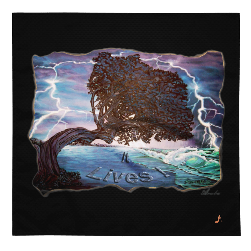 Black Aruba - It Lives! bandana laid flat, showing the storm-lit tree artwork on a black base.