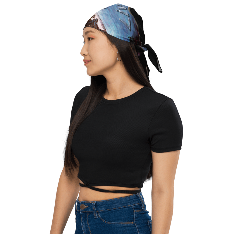 Model wearing the Aruba - It Lives! bandana as a headscarf.