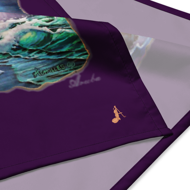 Close-up of the purple Aruba - It Lives! bandana showing the artwork and signature mark.