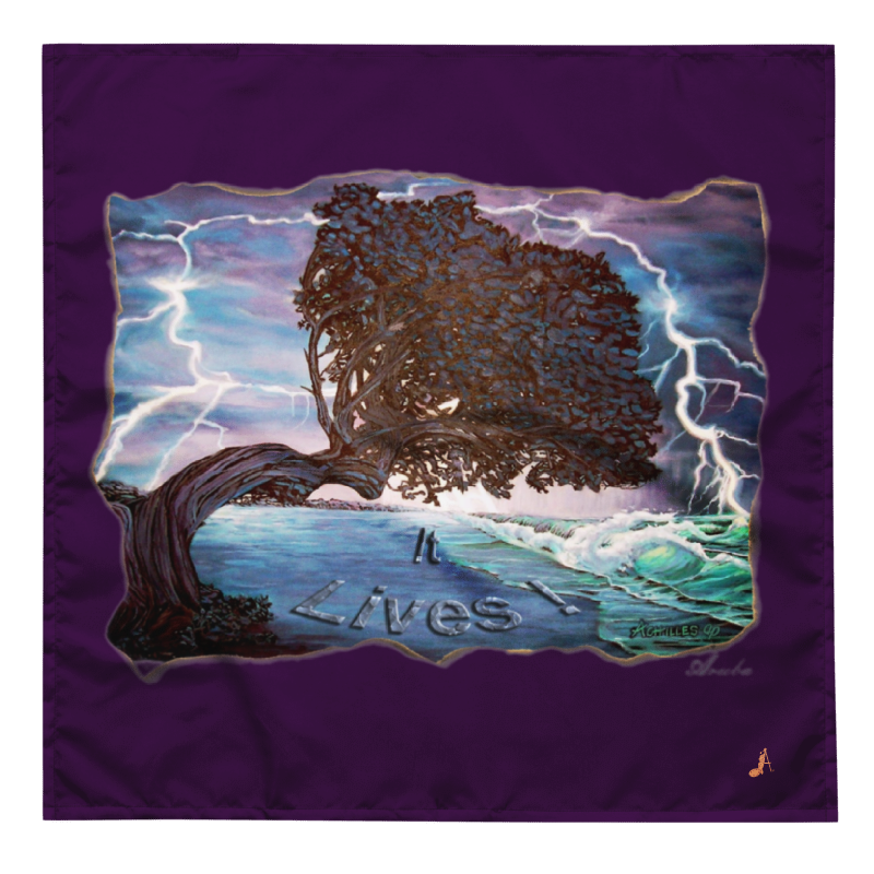 Purple Aruba - It Lives! bandana with the storm-lit tree artwork centered.