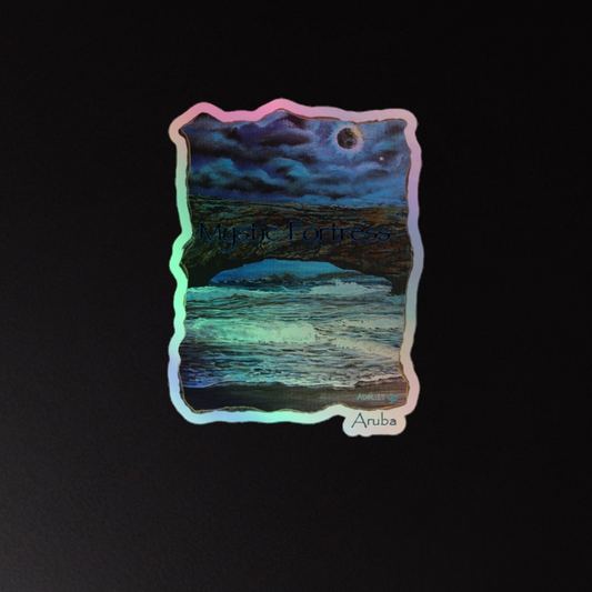 Aruba Mystic Fortress — Holographic Kiss-Cut Sticker by Armed For Art™